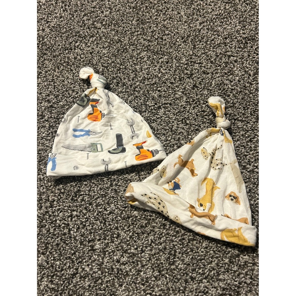 K42 Milkberry Kids Baby Hats 2pc Set Dog Tools Construction Print Soft Knot Cap